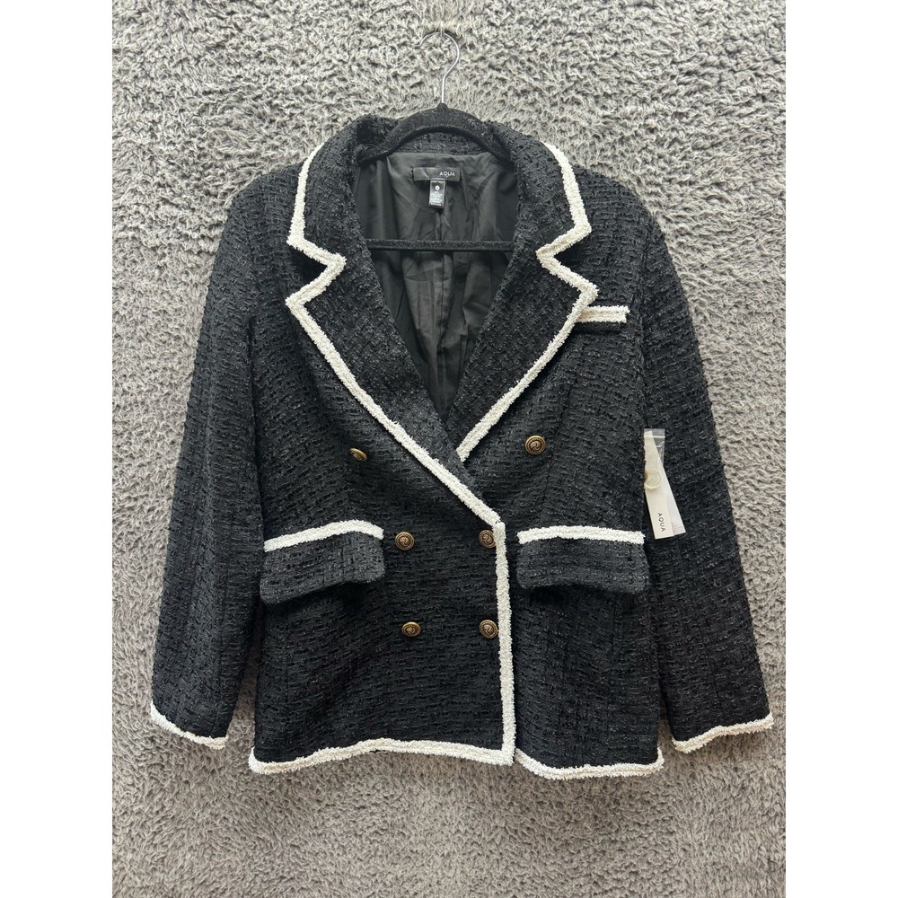 NWT Aqua Double Breasted Tweed Tipped Trim Blazer Black Womens Size S